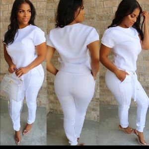 New white sweatpants with matching top